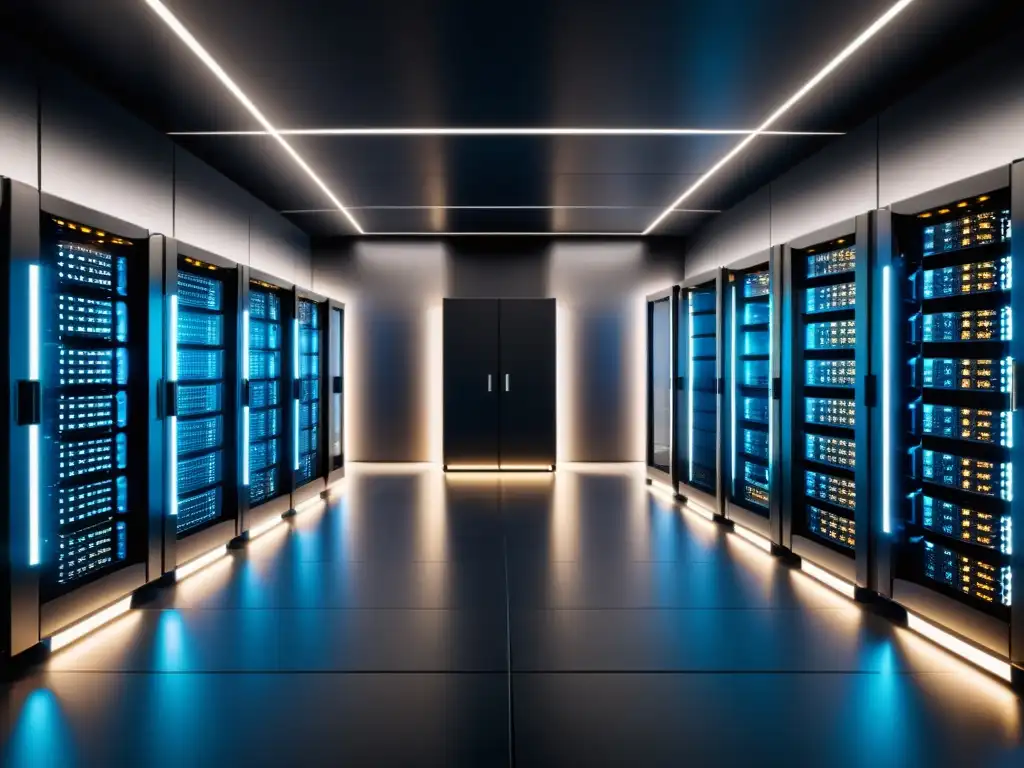 Sala de servidores futurista de alta tecnología: orden y eficiencia Una sala de servidores futurista y ordenada con iluminación ambiental, transmitiendo seguridad y eficiencia en la configuración de redes seguras