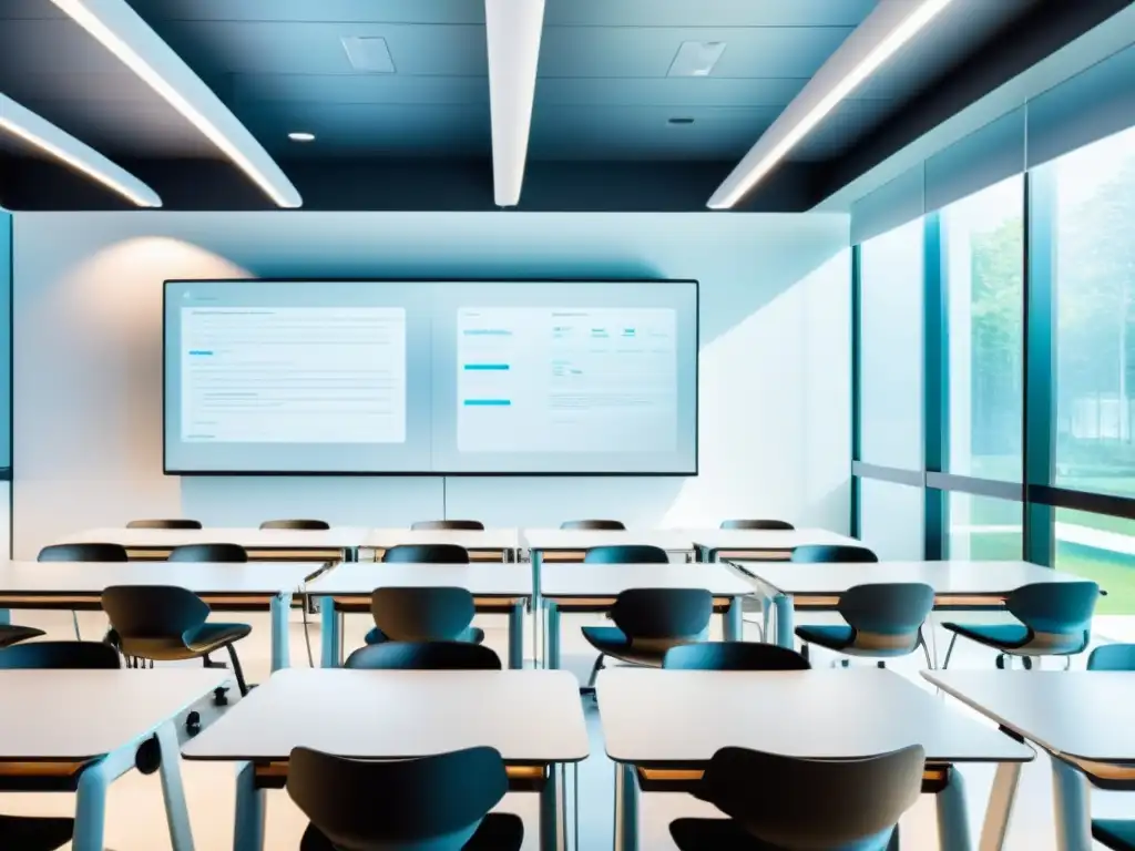 Salón de clases moderno con integración de inteligencia artificial en educación: ambiente tecnológico, minimalista y luminoso con pizarrón digital interactivo y mobiliario blanco elegante