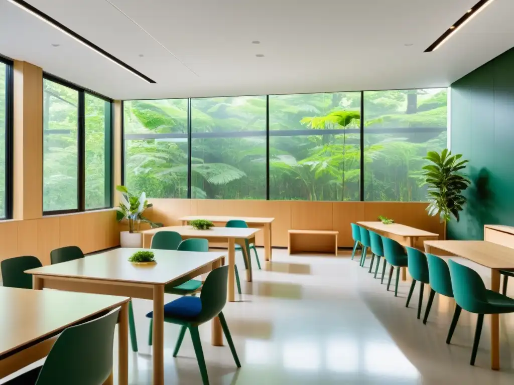 Salón minimalista con luz natural, mobiliario ecológico y vegetación exuberante