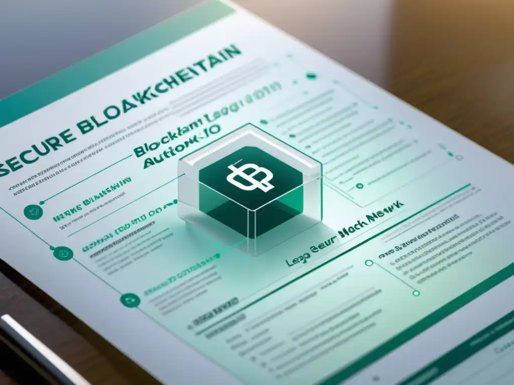 Automatización segura de documentos legales: Representación minimalista de una red blockchain transparente superpuesta en un documento legal en movimiento