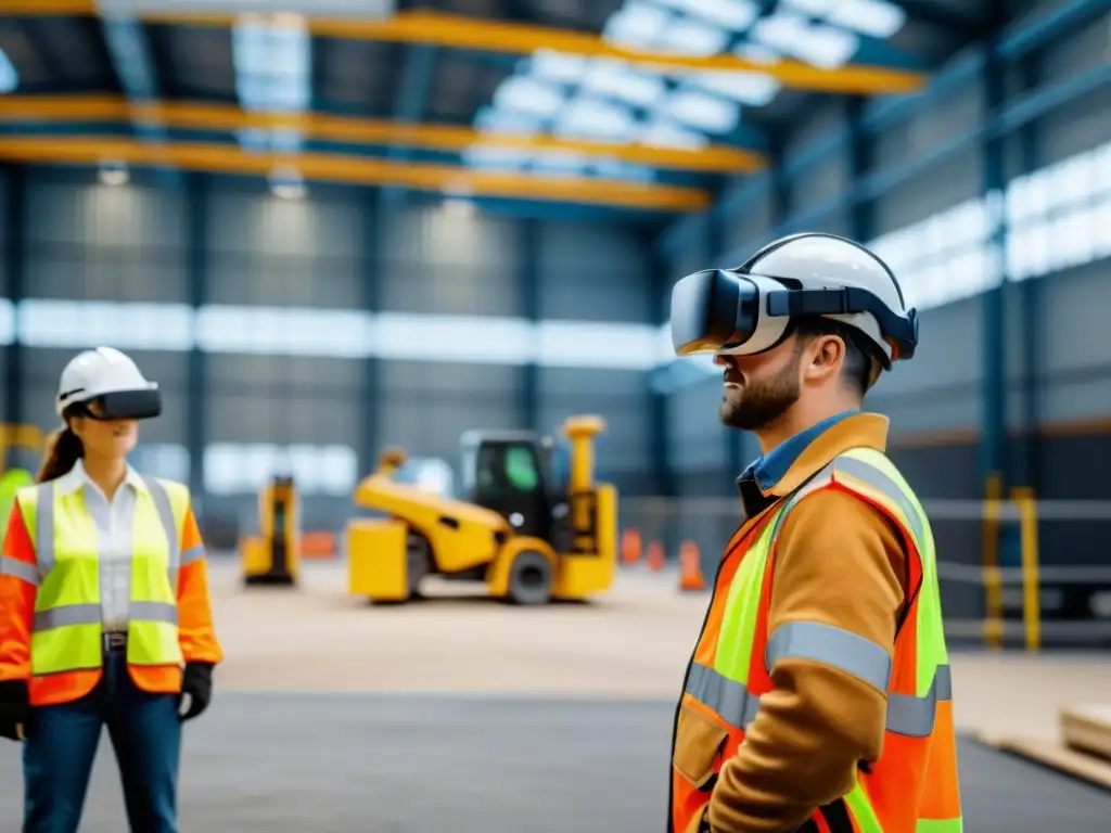 Simulación de seguridad laboral en RV: Trabajadores en entorno industrial virtual, usando cascos VR y equipos de seguridad