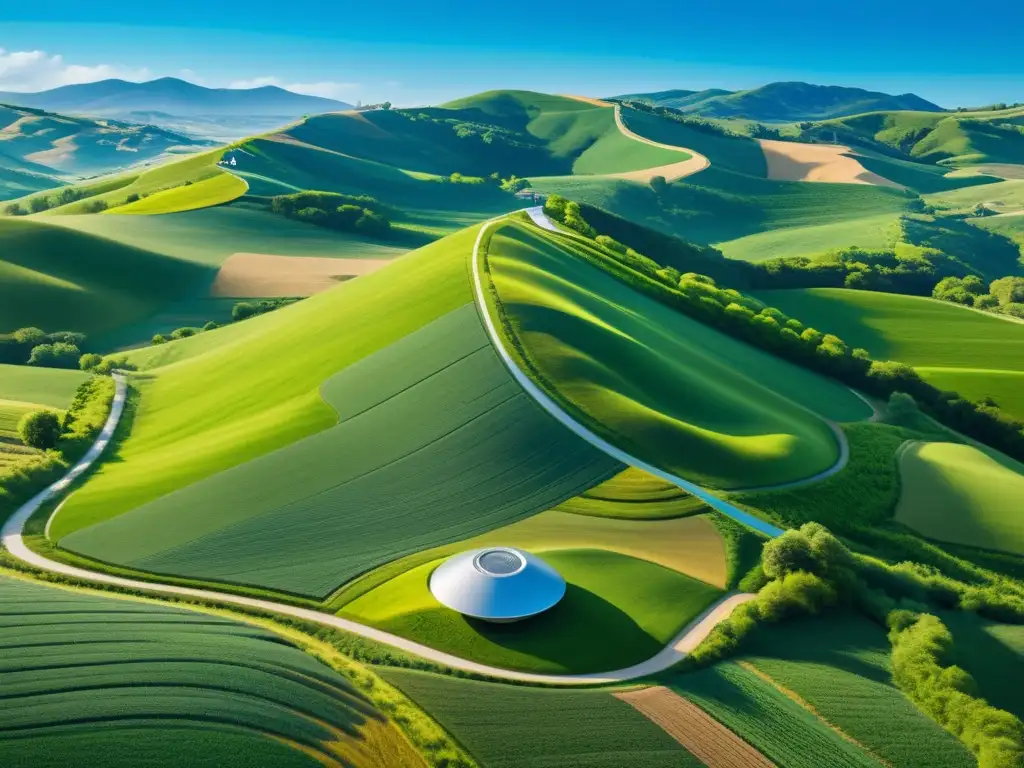 Una ilustración serena de un paisaje rural con campos verdes exuberantes, colinas onduladas y un cielo azul claro