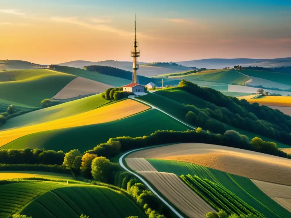 Una serena puesta de sol en el campo, con una torre de banda ancha inalámbrica fija 5G destacando entre las colinas