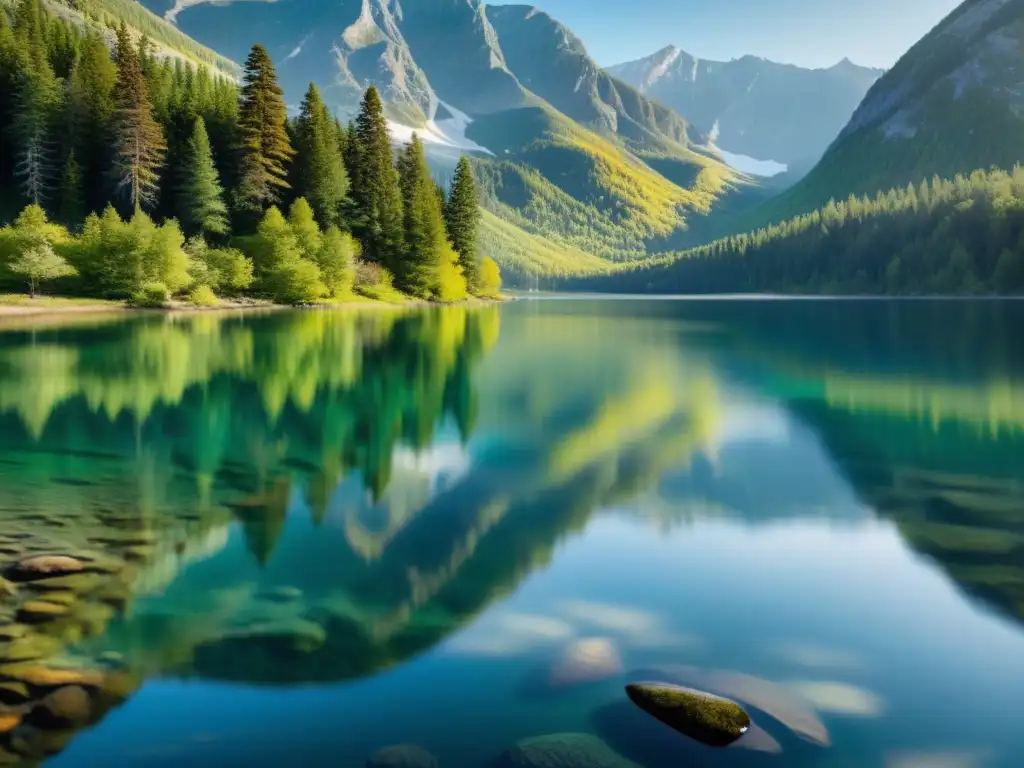 Un sereno lago de cristal refleja montañas y árboles