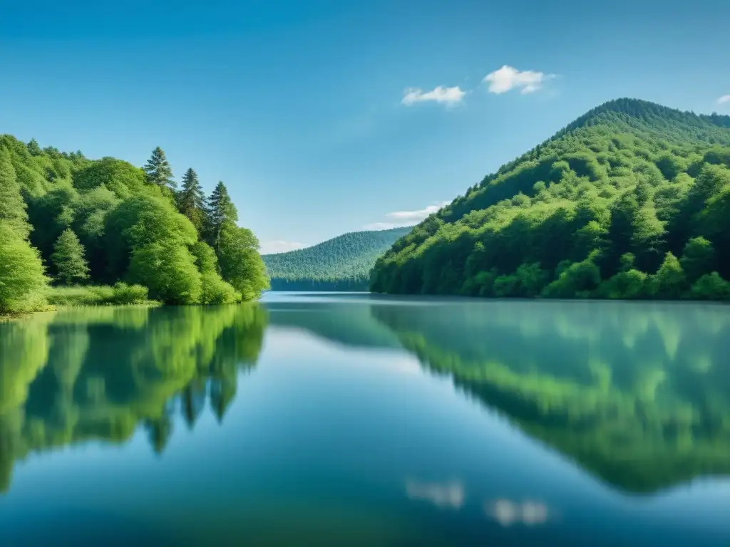 Un sereno lago rodeado de árboles verdes con reflejos en el agua