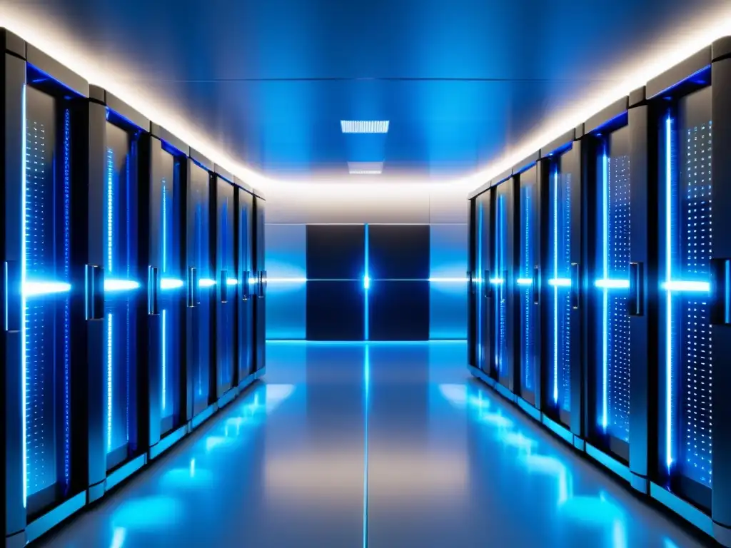 Almacenamiento en la nube seguro y futurista Servidores metálicos relucientes en instalación futurista, con iluminación azul suave, representando protección de datos en servicios nube