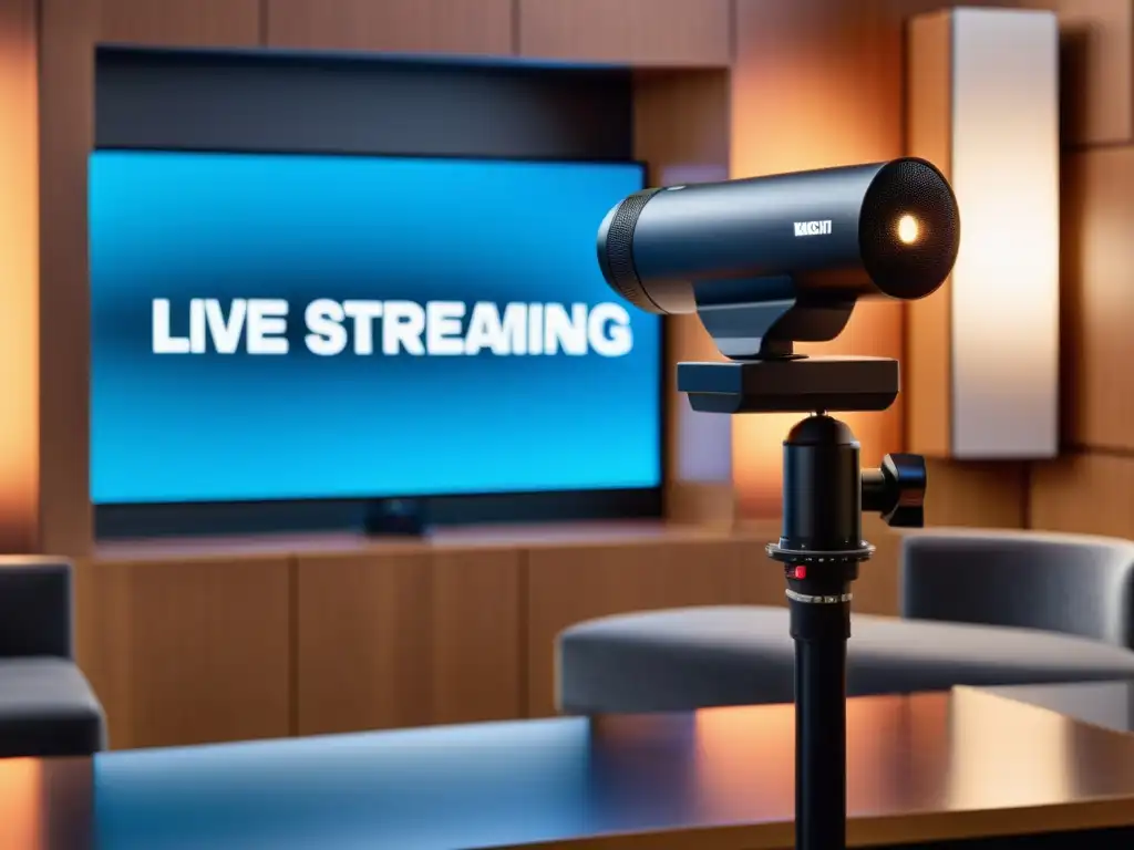 Un set de live streaming moderno y profesional con equipo de alta tecnología y presentador dinámico