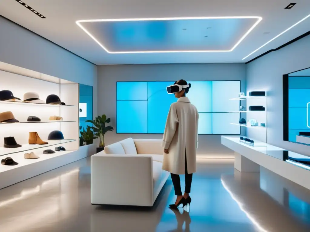 Showroom moderno con realidad aumentada en accesorios de moda, elegancia futurista y tecnología integrada