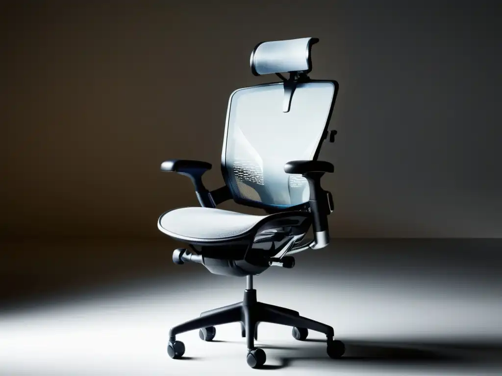 Una silla de oficina ergonómica con líneas elegantes y contornos de soporte, destacando su diseño práctico y moderno