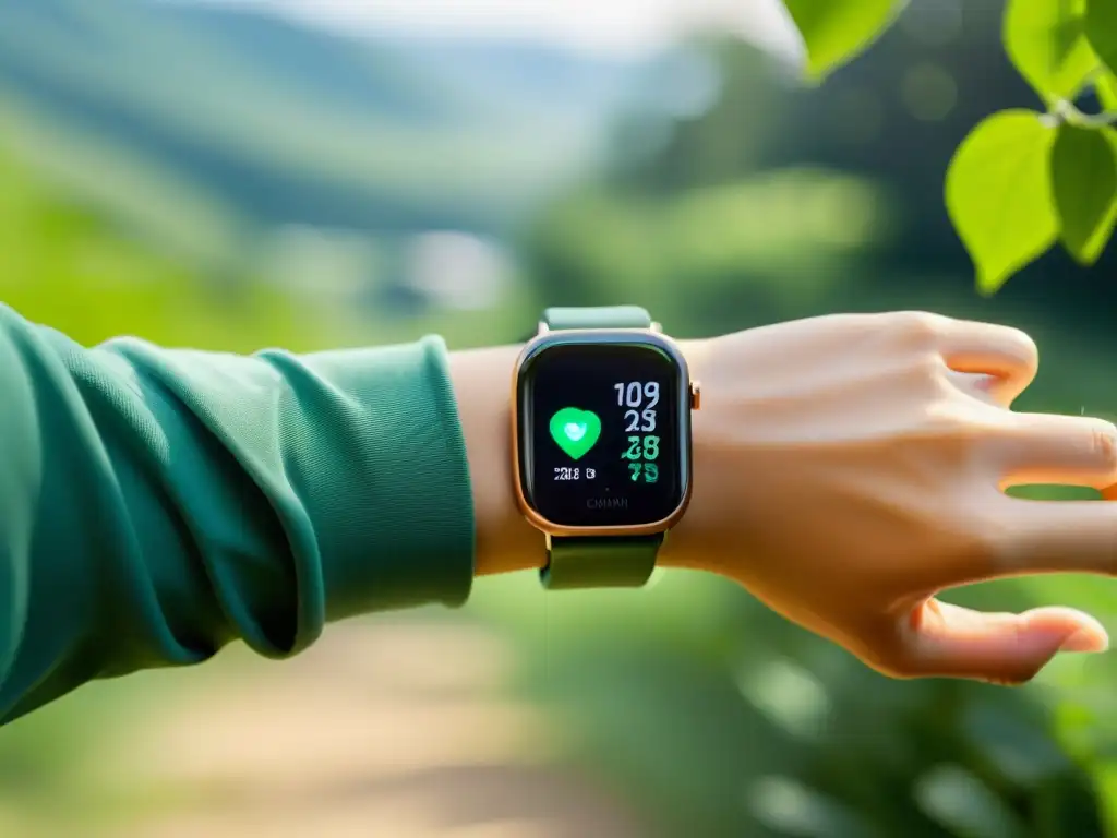 Silueta en jogging con smartwatch mostrando datos de salud en entorno natural, enfocando en privacidad en monitoreo de salud