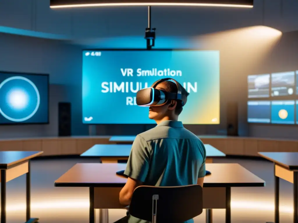 Simulaciones en RV para enseñanza: Detallada imagen 8k de realidad virtual muestra experimento de física en aula con estudiantes interactuando