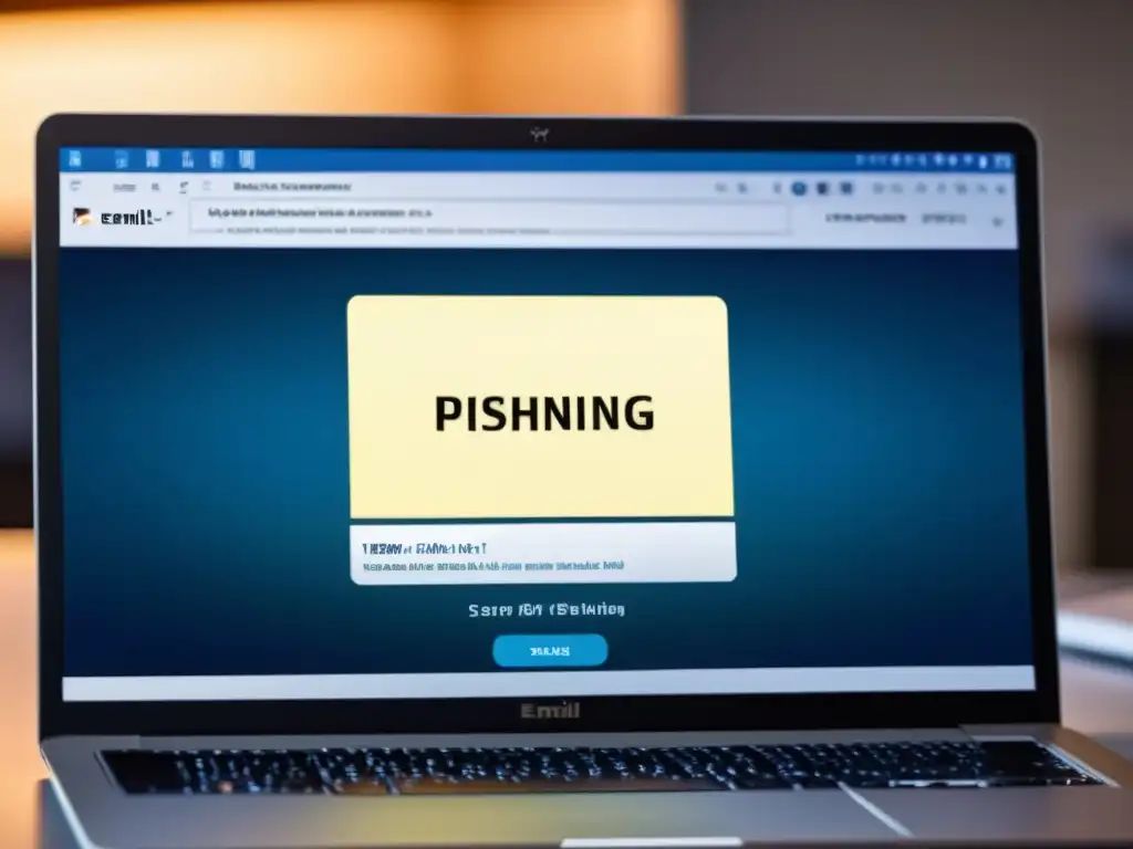 Simulacro de phishing en una oficina moderna, con un email convincente pero con un error sutil