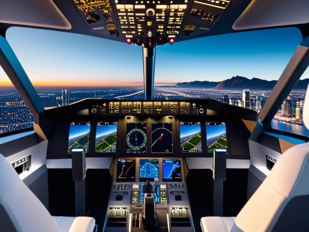 Simulador de vuelo avanzado con vista panorámica de la ciudad Simulador de vuelo avanzado con cabina moderna y realista, vista panorámica de la ciudad a través de las ventanas