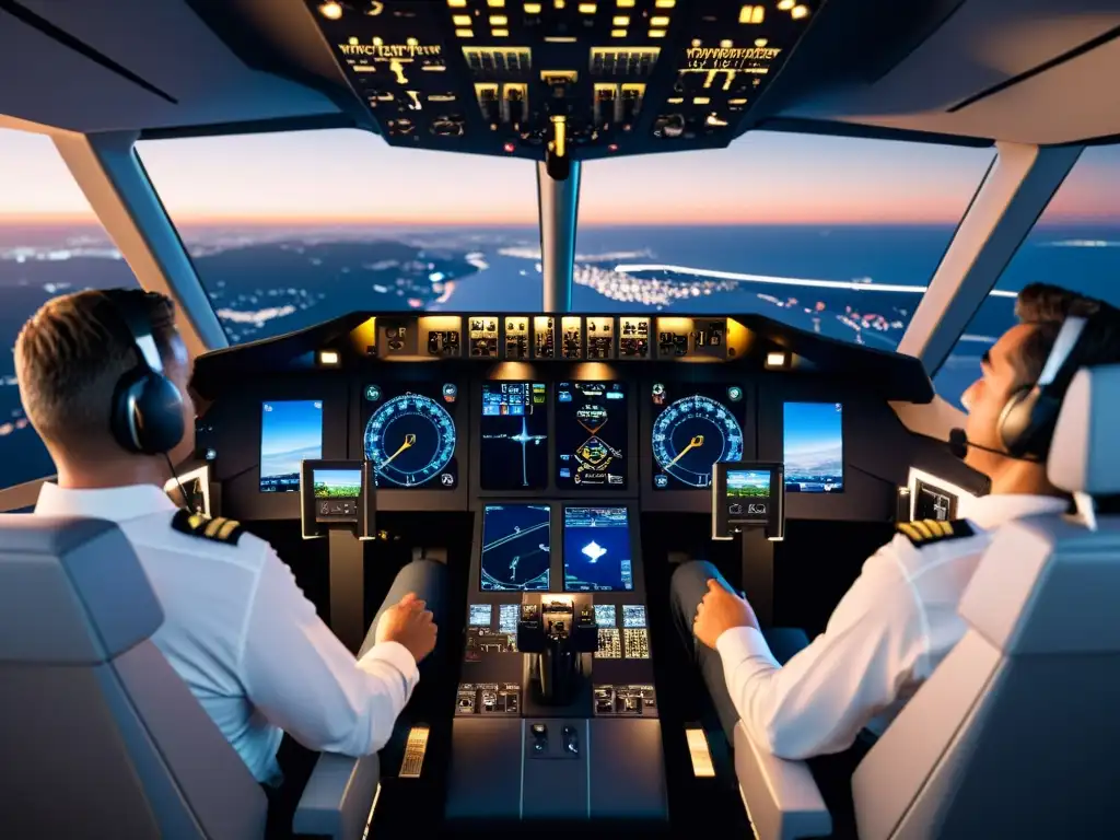 Simulador de Cockpit Profesional para Entrenamiento de Pilotos Simulador de vuelo avanzado para pilotos con controles y pantallas realistas, rodeado de equipo de entrenamiento profesional
