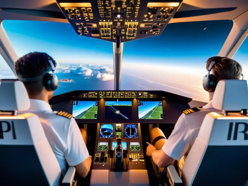 Un simulador de vuelo de última generación con diseño moderno y controles avanzados, integrando prácticas virtuales en la formación de pilotos