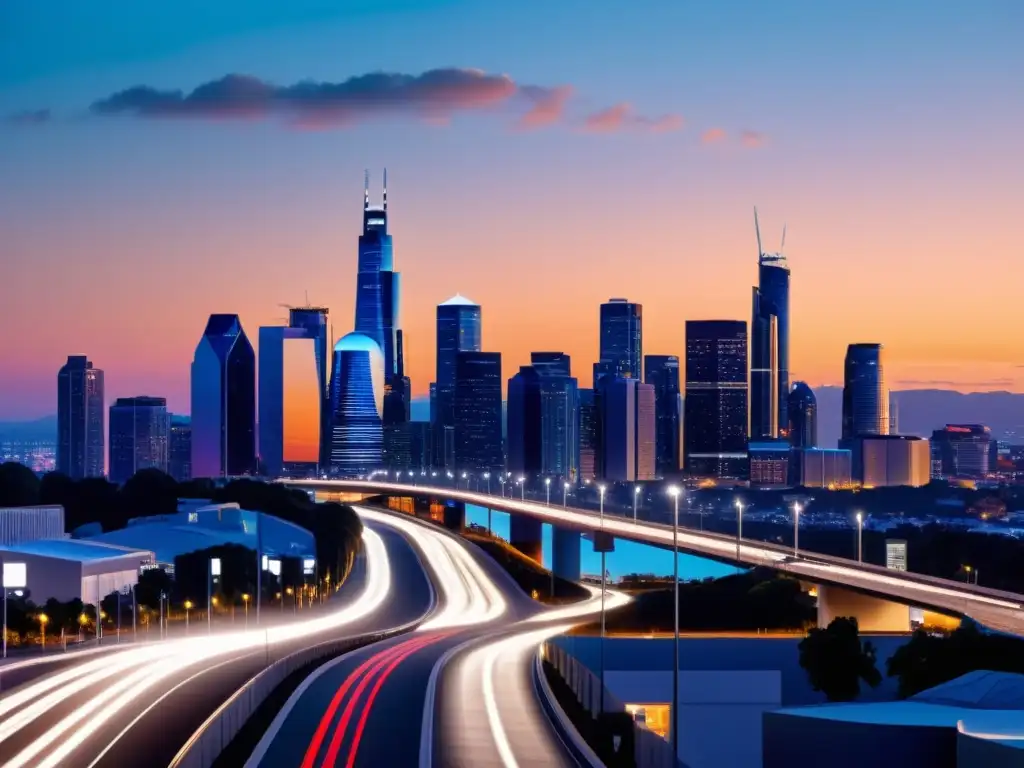 Horizonte urbano 5G: Interconexión dinámica y minimalista Sinergia del 5G en IoT: Ciudad futurista iluminada por dispositivos 5G, integrando tecnología y paisaje urbano de manera impactante