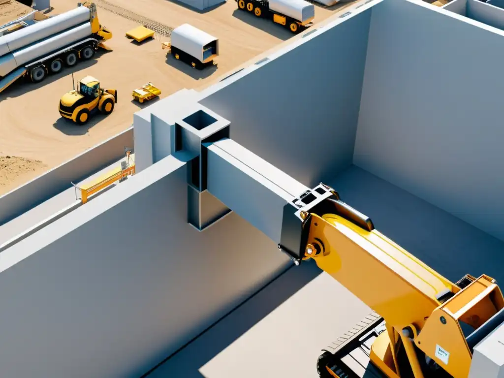 Robótica y BIM: Precisión en Construcción Un sitio de construcción con brazo robótico y elementos BIM integrados, mostrando eficiencia y precisión