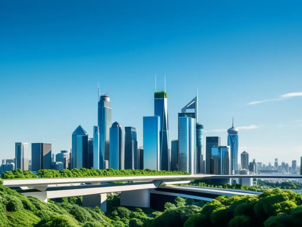 Un skyline futurista con edificios modernos y vegetación, simbolizando la calidad del aire y el big data en una ciudad sostenible