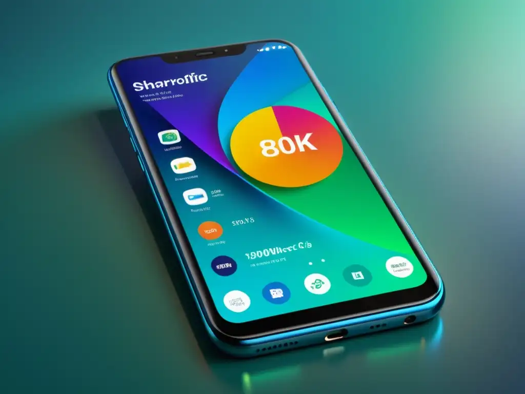 Un smartphone 8k muestra datos de marketing en tiempo real para móviles con colores vibrantes, líneas futuristas y anuncios personalizados