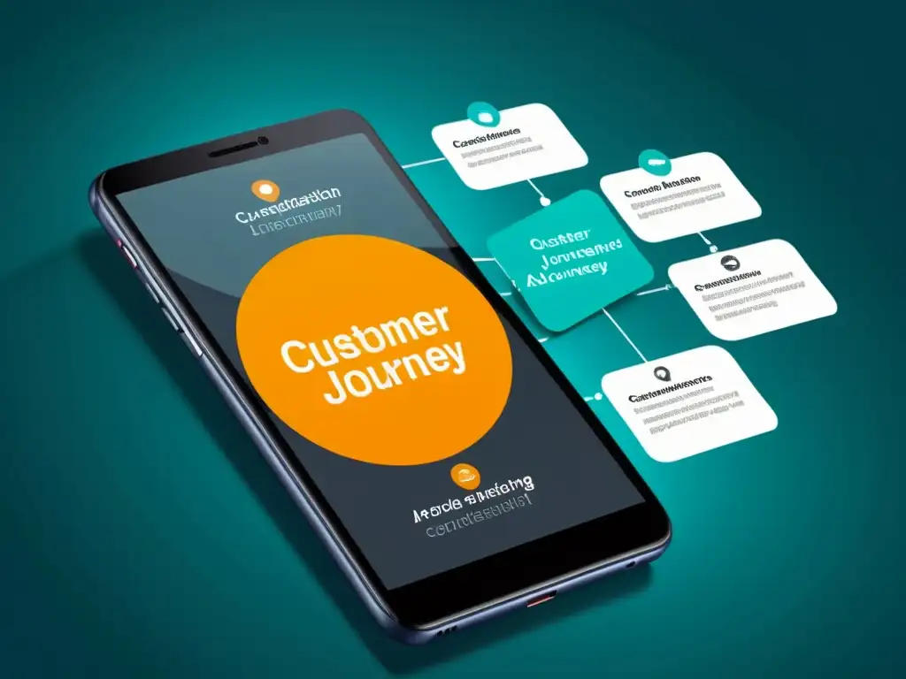 Smartphone mostrando diagrama del ciclo de vida del cliente, con diseño minimalista y colores sofisticados