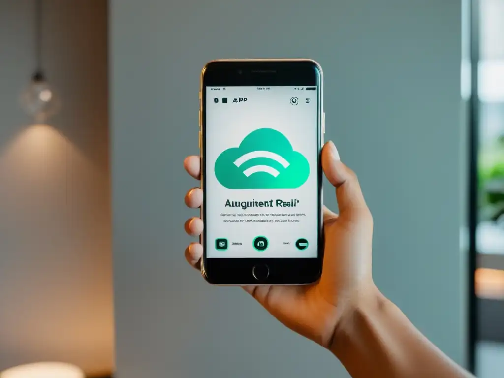 Un smartphone muestra un elegante app de realidad aumentada con un objeto virtual