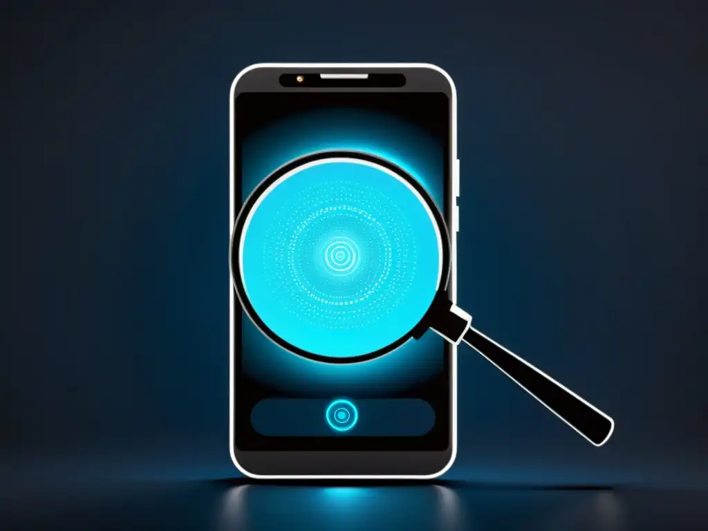 Un smartphone elegante con lupa sobre la pantalla, mostrando la detección de malware en un diseño minimalista