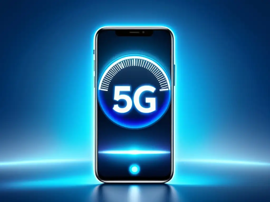 Un smartphone futurista muestra una app de prueba de velocidad 5G, con un velocímetro al máximo