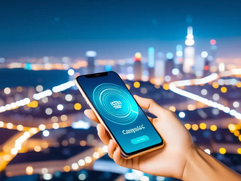 Un smartphone futurista muestra datos de marketing en una ciudad nocturna, destacando la sinergia IoT Marketing Digital