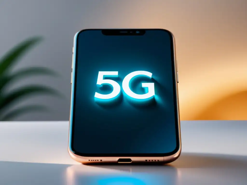 Un smartphone futurista 5G con un icono 5G brillante en la pantalla