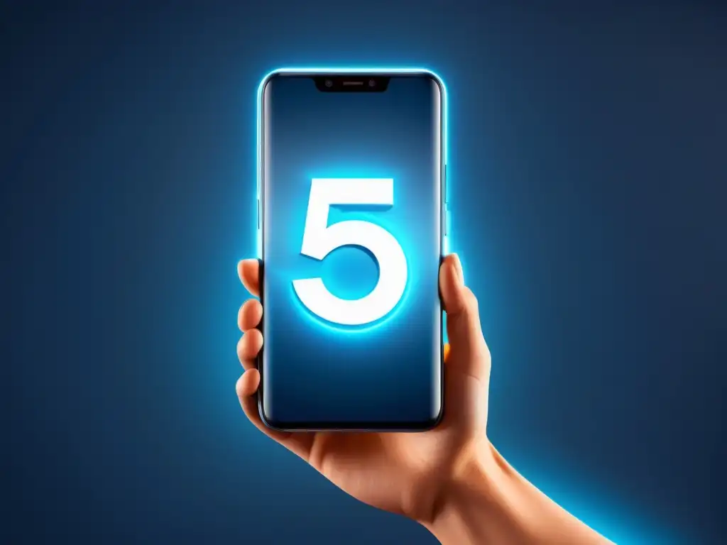 Un smartphone futurista con el icono 5G iluminado en pantalla, sobre fondo tecnológico