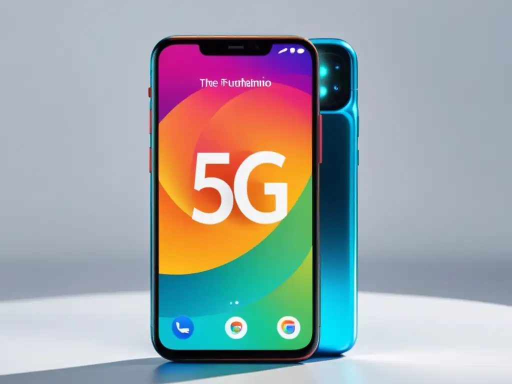 Un smartphone futurista con ícono 5G en pantalla, en un fondo blanco limpio