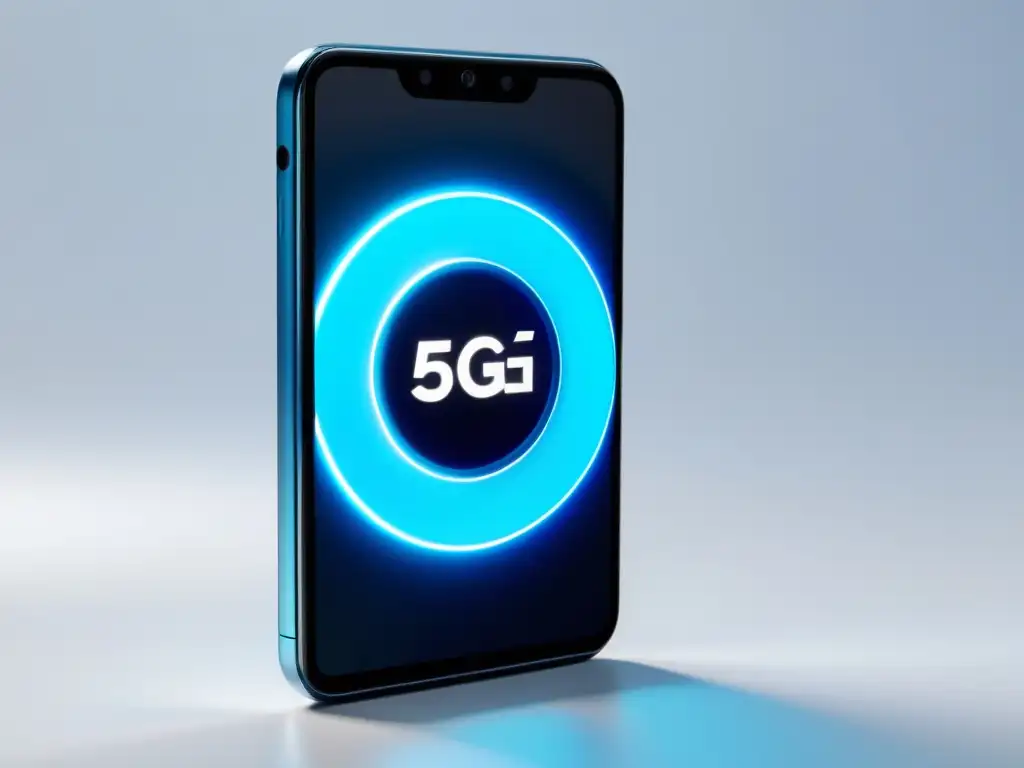 Un smartphone futurista con icono 5G en pantalla, sobre fondo blanco