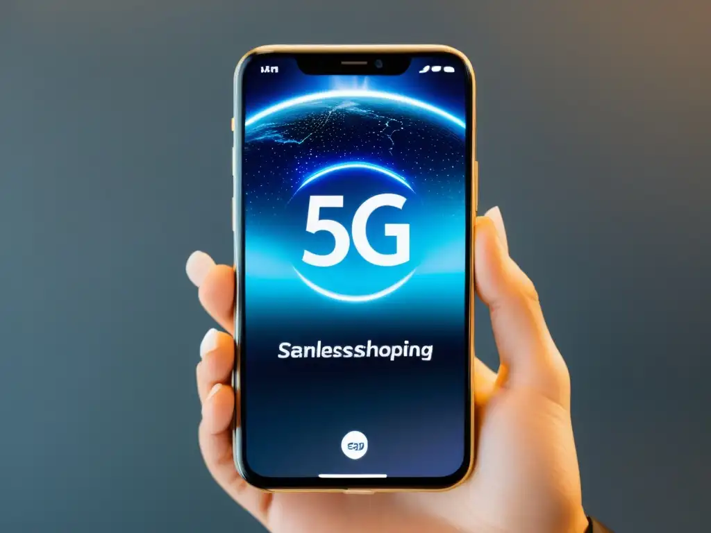 Un smartphone futurista muestra el impacto del 5G en el ecommerce, con una experiencia de compra online rápida y sin fisuras