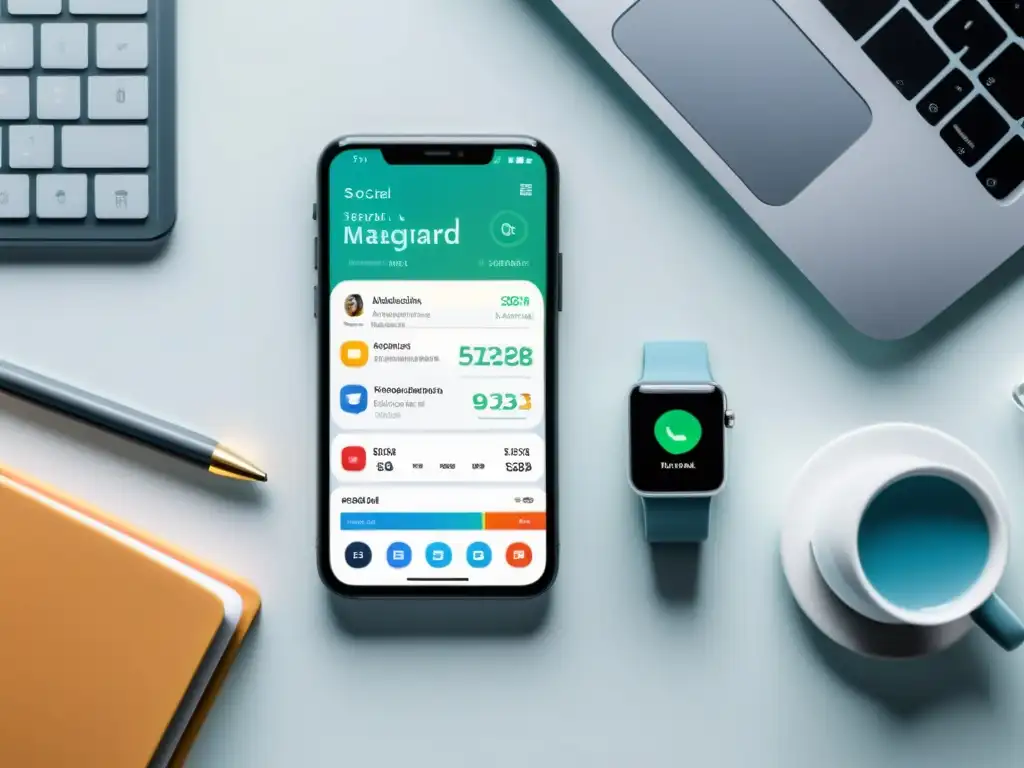 Un smartphone futurista muestra una interfaz de gestión de redes sociales