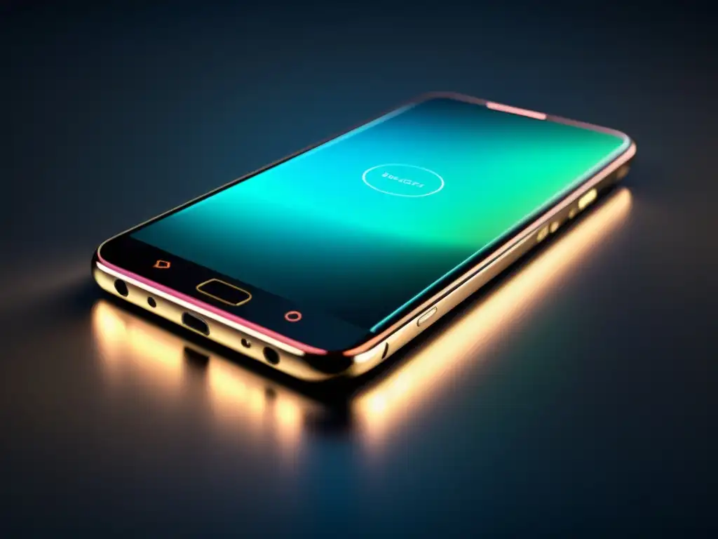 Un smartphone futurista con interfaz tecnológica brillante en fondo oscuro