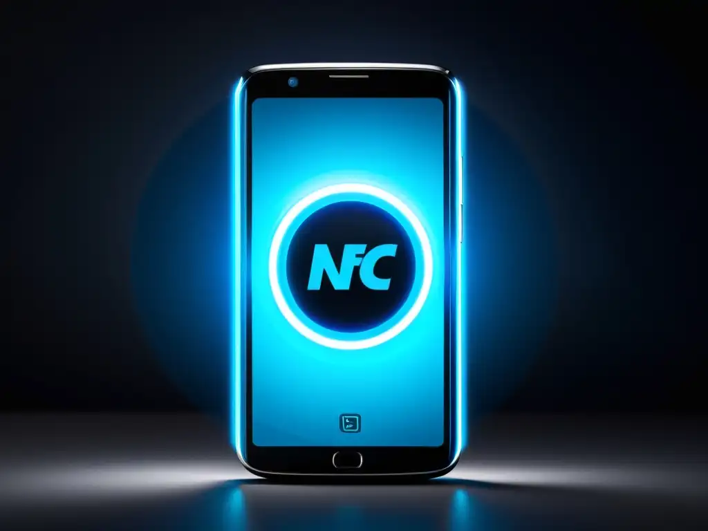 Un smartphone futurista emite luz azul con el símbolo NFC, resaltando riesgos de seguridad Bluetooth y NFC en un diseño vanguardista y minimalista