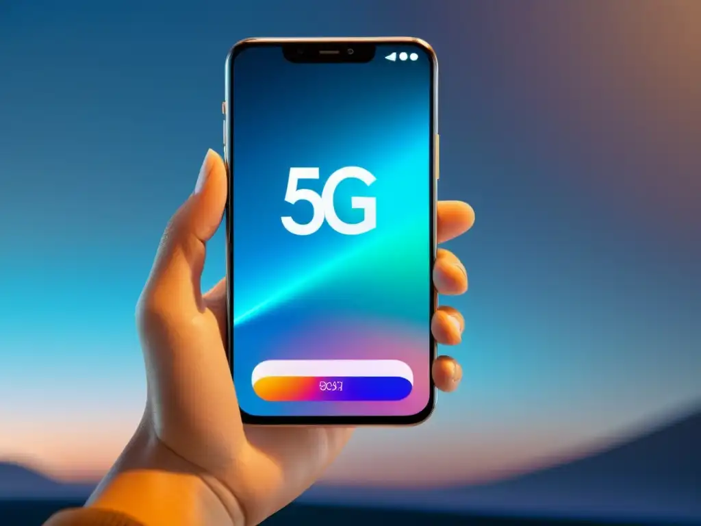 Smartphone futurista con video 5G de alta resolución Un smartphone futurista muestra una nítida transmisión de video en 5G