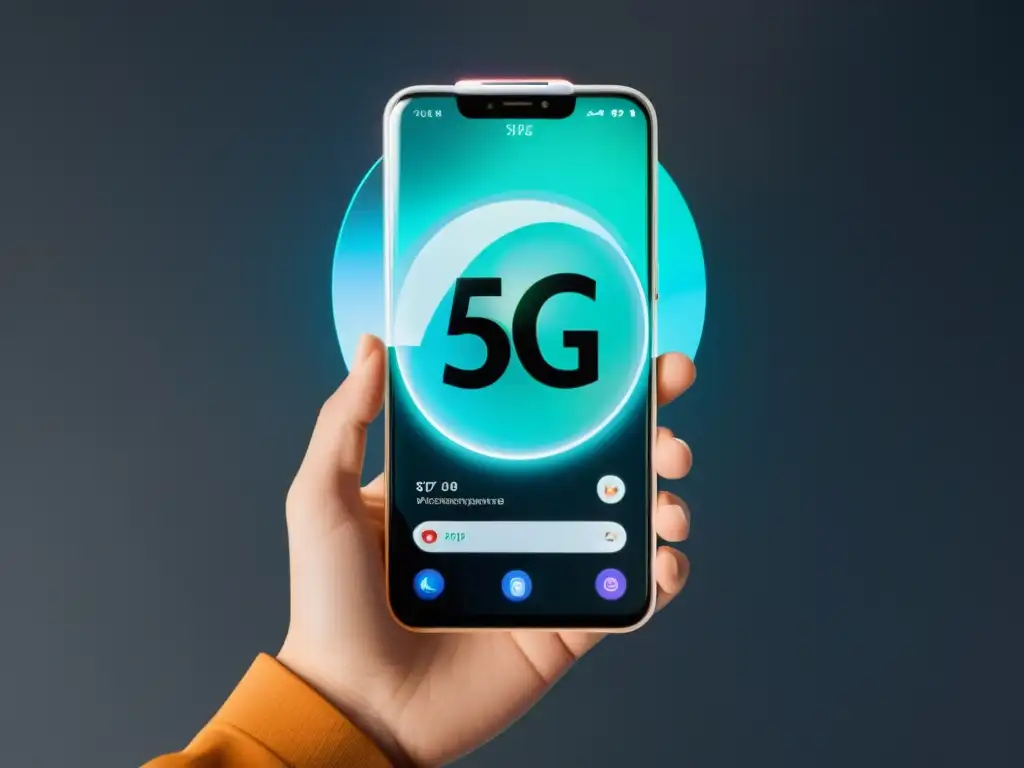 Un smartphone futurista con pantalla transparente proyectando entretenimiento holográfico en la era 5G