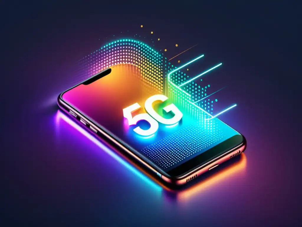 Un smartphone futurista emite señales de datos 5G en un fondo oscuro, capturando el impacto del 5G en el ecommerce