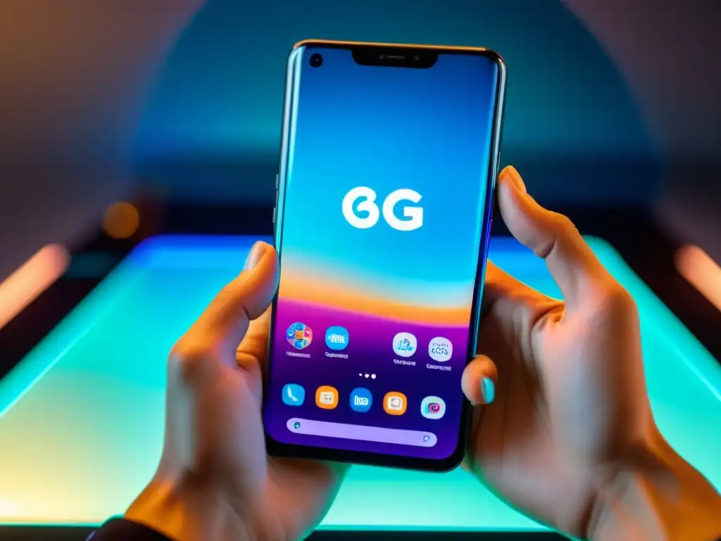 Un smartphone futurista 8K ilumina un setup gaming futurista con hologramas, resaltando el impacto del 5G en gaming móvil