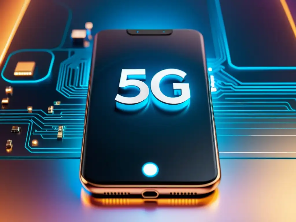 Un smartphone futurista con símbolo 5G en la pantalla, rodeado de circuitos de alta tecnología