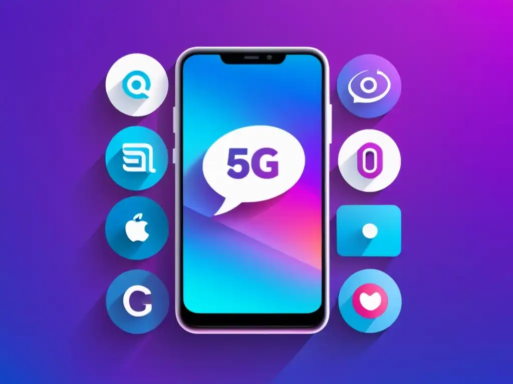 Un smartphone futurista con el símbolo 5G en pantalla, rodeado de iconos de marketing digital