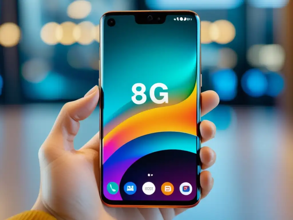 Smartphone futurista 5G: video HD en pantalla ultraclara Un smartphone futurista muestra transmisión de video en 5G con colores vibrantes y detalles nítidos en pantalla de alta definición