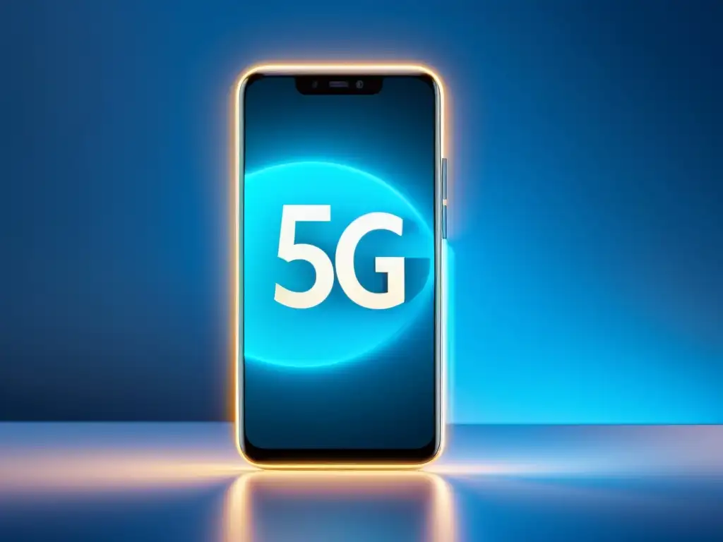 Un smartphone 5G iluminando un entorno futurista, transmitiendo los beneficios del 5G para podcasts en alta definición