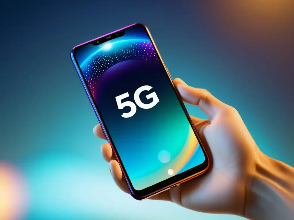 Un smartphone 5G proyecta una experiencia de entretenimiento en realidad aumentada interactiva, mostrando hologramas y contenido digital inmersivo