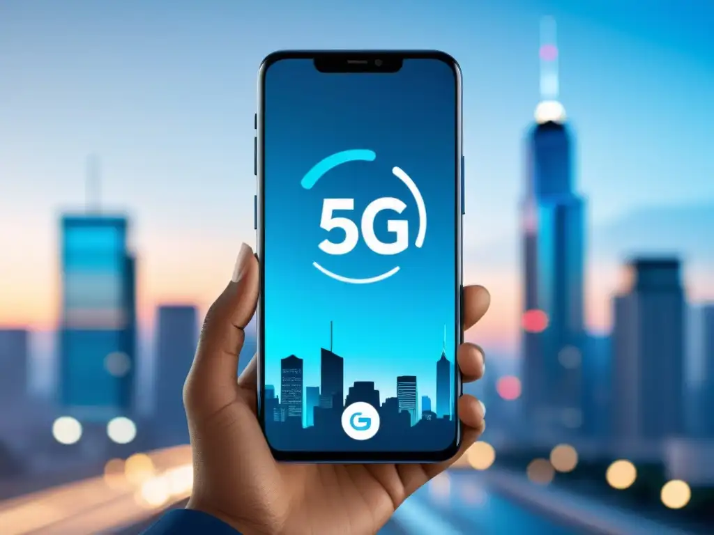 Smartphone 5G en futurista ciudad, transmite innovación y alta conectividad para estrategias de marketing en la era 5G