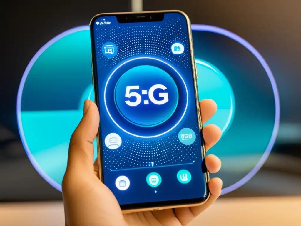 Un smartphone 5G futurista muestra la integración y manejo de dispositivos en red 5G de forma eficiente y minimalista