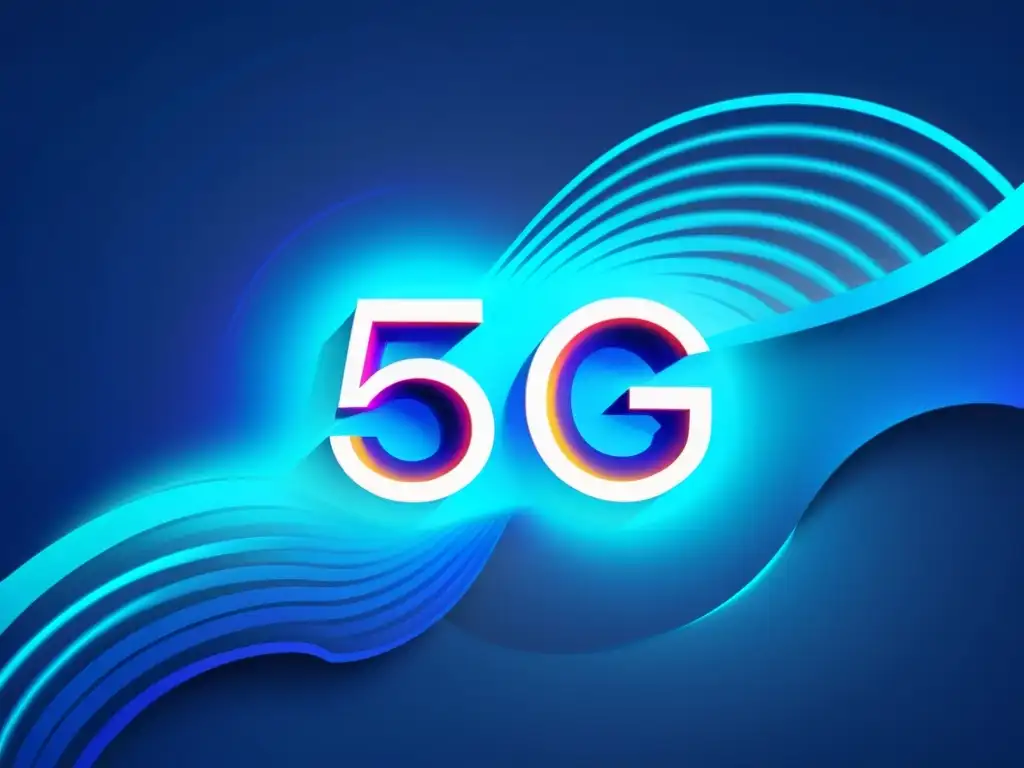 Un smartphone 5G transicionando de 4G a 5G con flujo de datos como luces, en un fondo azul eléctrico