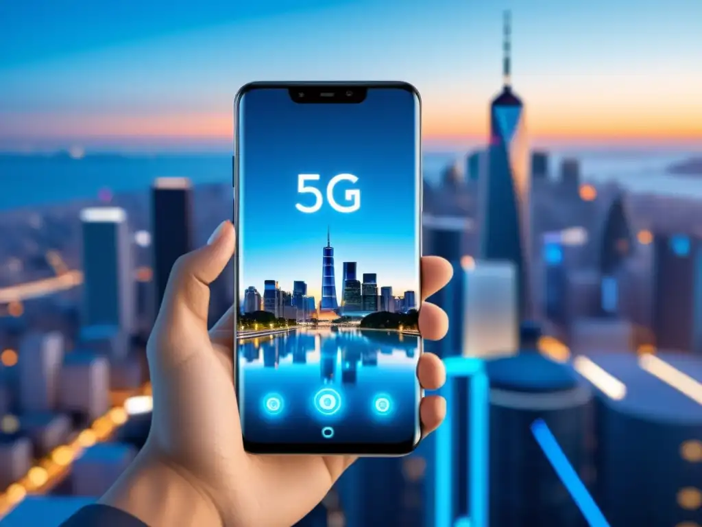 Un smartphone 5G muestra una prueba de velocidad junto a una ciudad futurista, simbolizando la definición y impacto del 5G en la conectividad avanzada