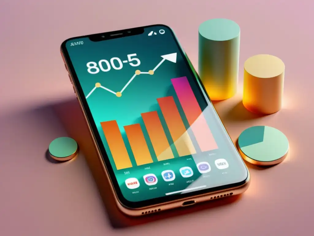El smartphone muestra un gráfico ascendente rodeado de apps